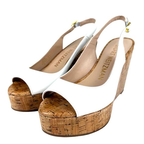 NWOT Stuart Weitzman White Riveria Platform Round Toe Heel Sandal Wedge - Size 6 - Picture 2 of 9